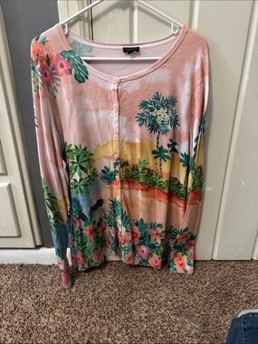 Talbots Pink Tropical-Print Button Front Cardigan